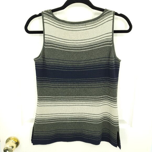 VTG 90s/2000s 100% Wool Knit Boat Neck Top PM Green/Cream/Black Stripe - Picture 2 of 16